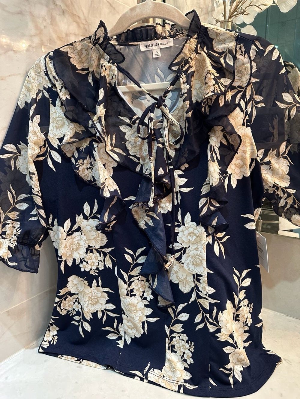 Perseption Concept Navy Floral Ruffle Tie-Neck Blouse